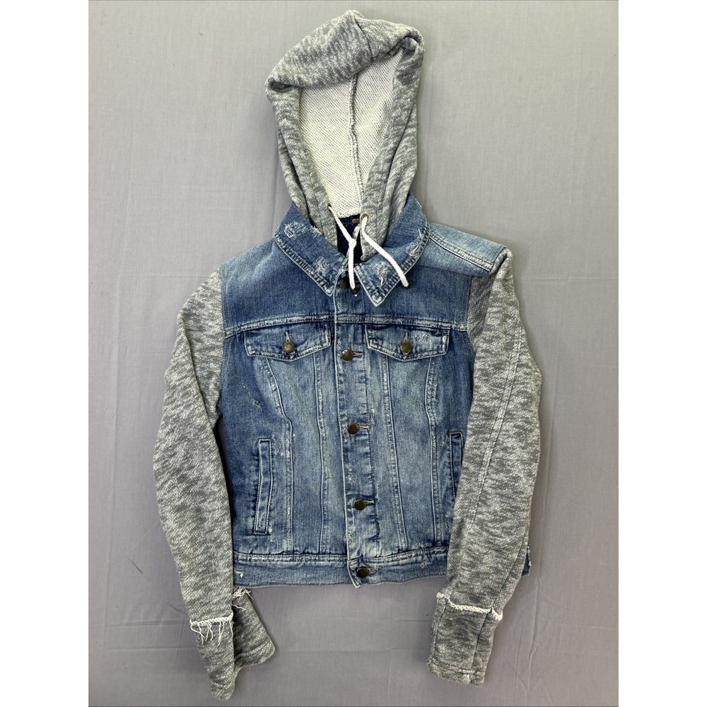 Free People Denim Jacket Gray Knit Sleeves Detachable Hood Blue Distressed M - Picture 1 of 6